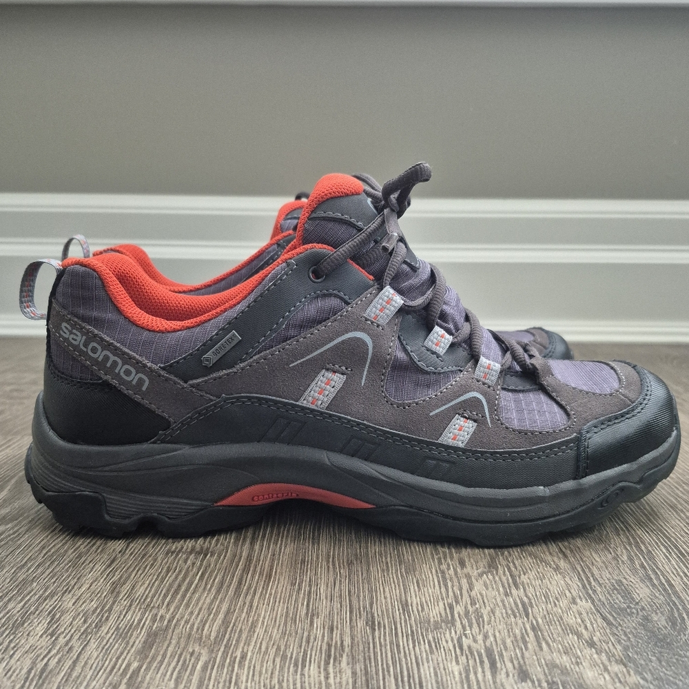 Salomon Gore Tex Gray Black Orange Hiking Shoes. Size 8.5 Men, 9.5 Women